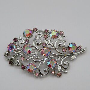 Coro Pegasus Vintage AB Rhinestones Silver Tone Floral Brooch